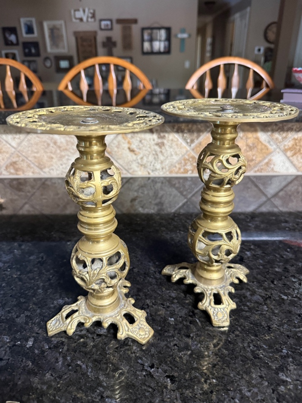 VTG ANTIQUE CHINESE BRASS DRAGON GOLD PILLAR CANDLE STAND HOLDER 
- Pair